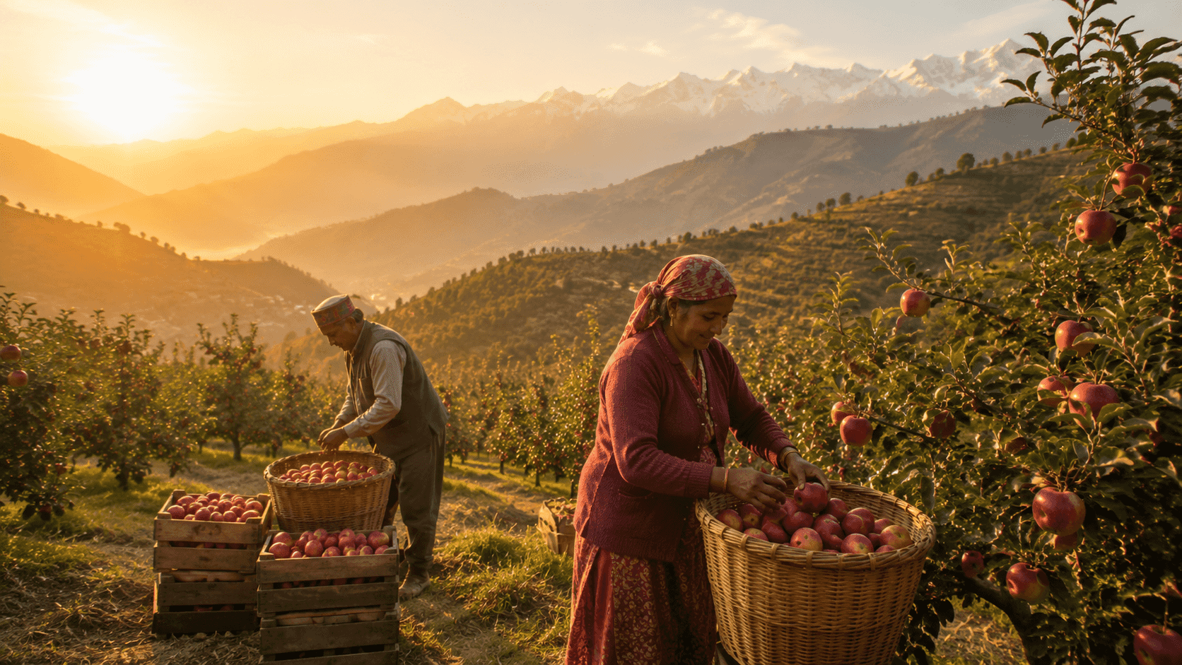 Farmers collecting apples from Himalayan orchards