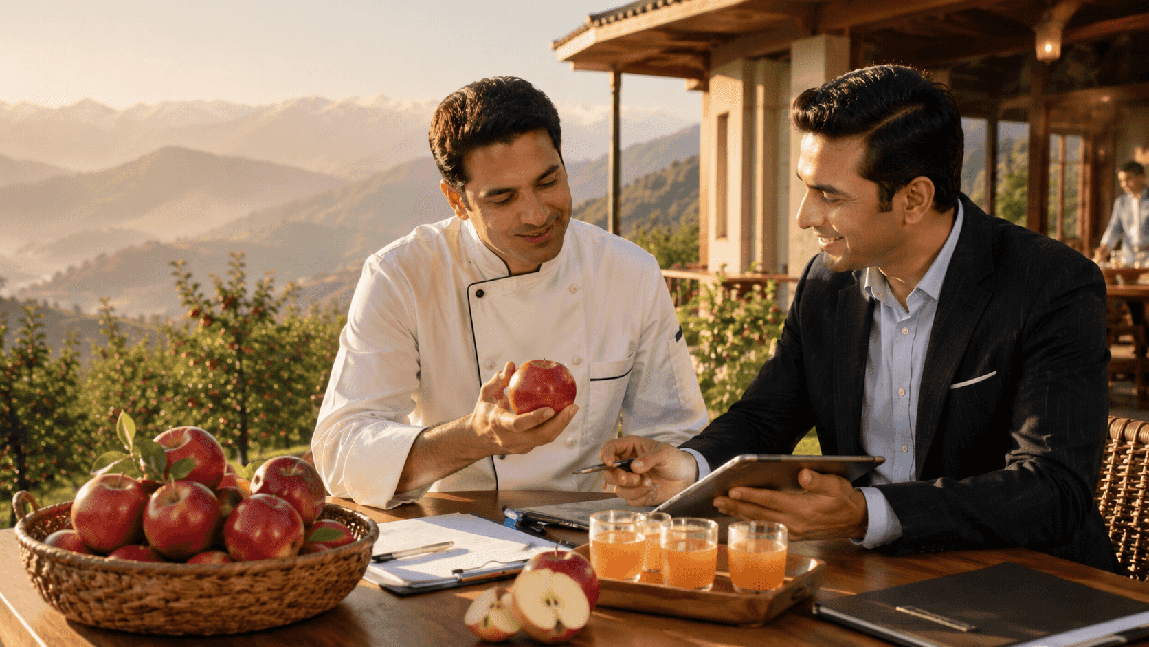 Hospitality buyer and chef discussing Himalayan apples