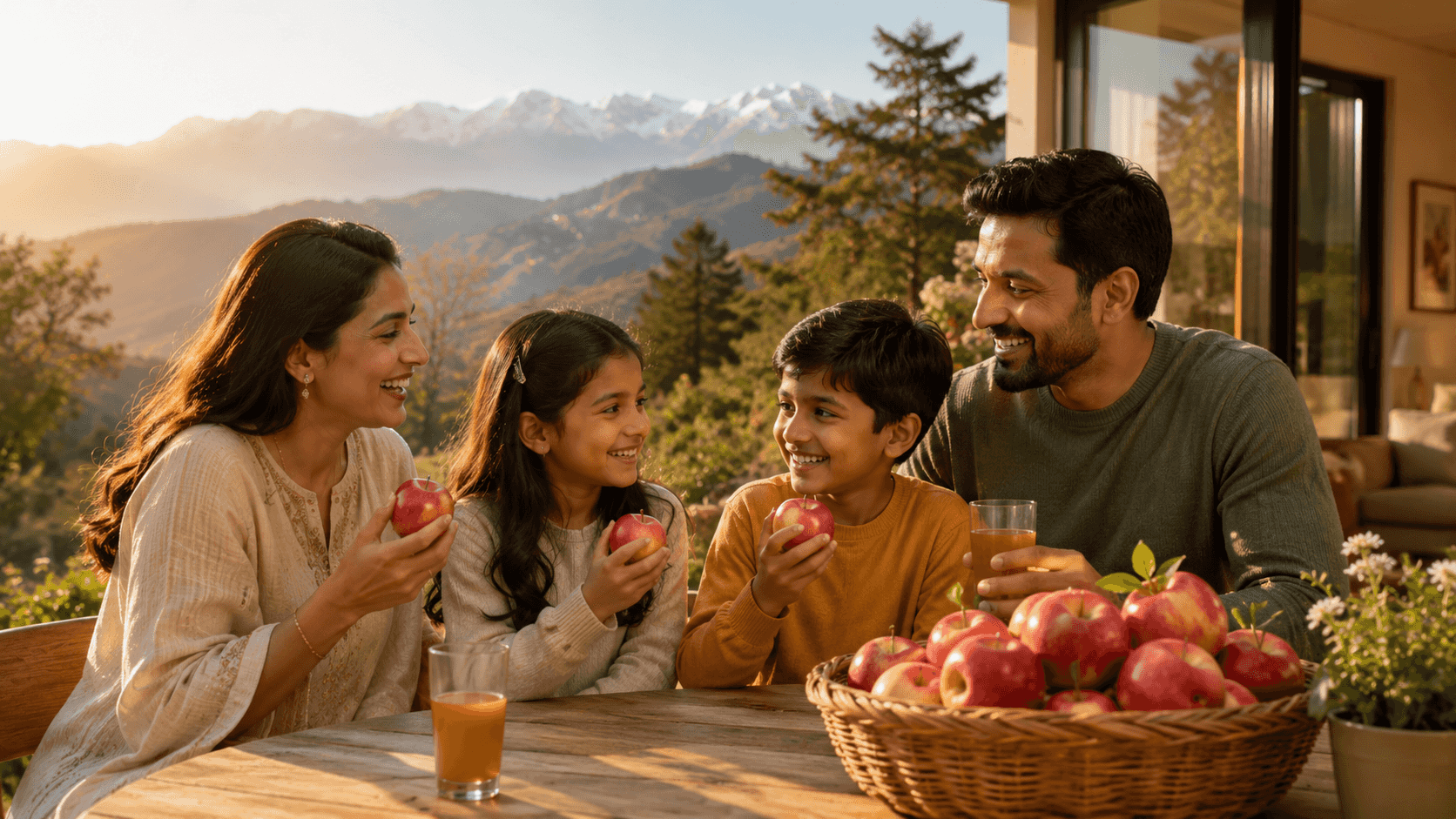Indian family enjoying fresh Himalayan apples and apple juice